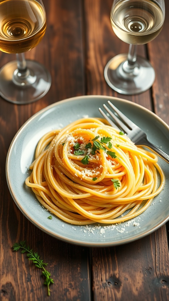 A delicious serving of garlic butter pasta topped with parsley and Parmesan cheese on a rustic table.